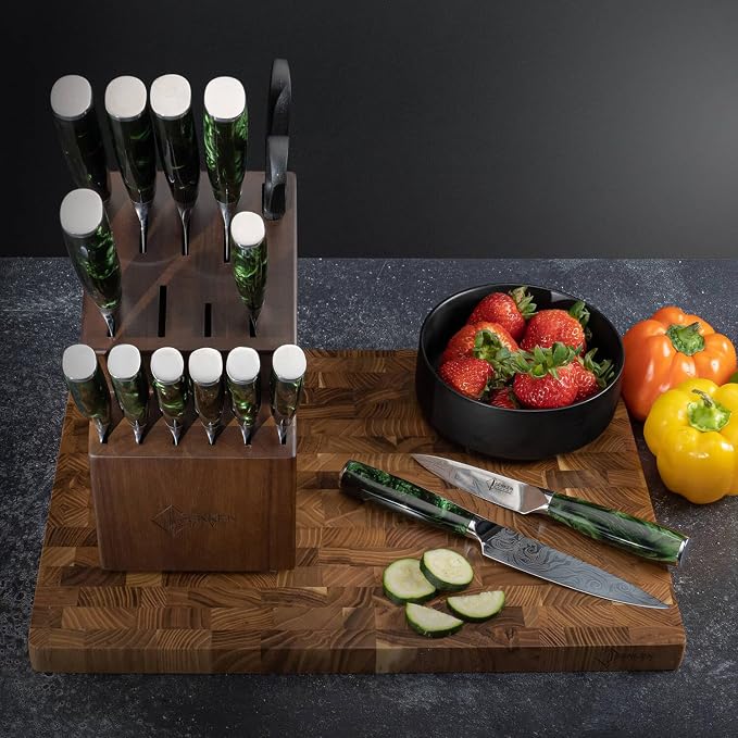 SENKEN Engraved Japanese Kitchen Knife Set with Beautiful Green Resin Wood Handles - Wasabi Collection - Chef's Knife, Bread, Cleaver, Paring, & More (16-Piece Knife Block Set)