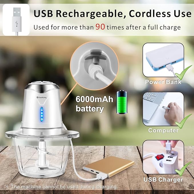 Cordless Food Processor Electric Chopper, Small Wireless Processor 6000mAh Battery with 5cup/1.2L Glass Bowl for Vegetable, Onion, Baby Food, Mini Garlic Chopper Portable Meat Blender Mixer, White