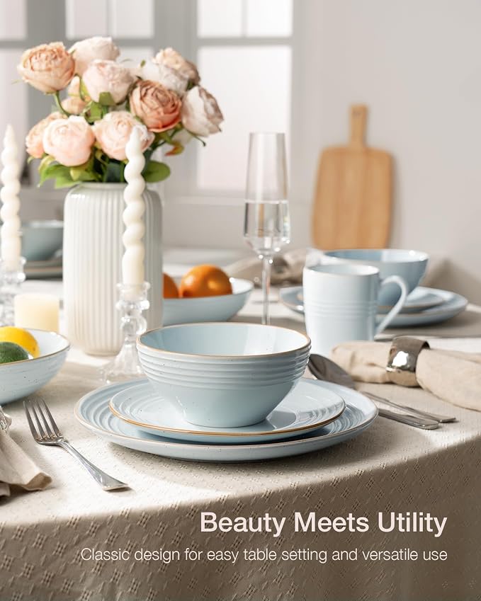Famiware Jupiter 18-Piece Stoneware Dinnerware Sets for 6 – Handcrafted Plates and Bowls with Speckles & Embossed Swirls, Chip & Scratch Resistant, Modern Rustic Dishes for Daily & Formal Use, Blue