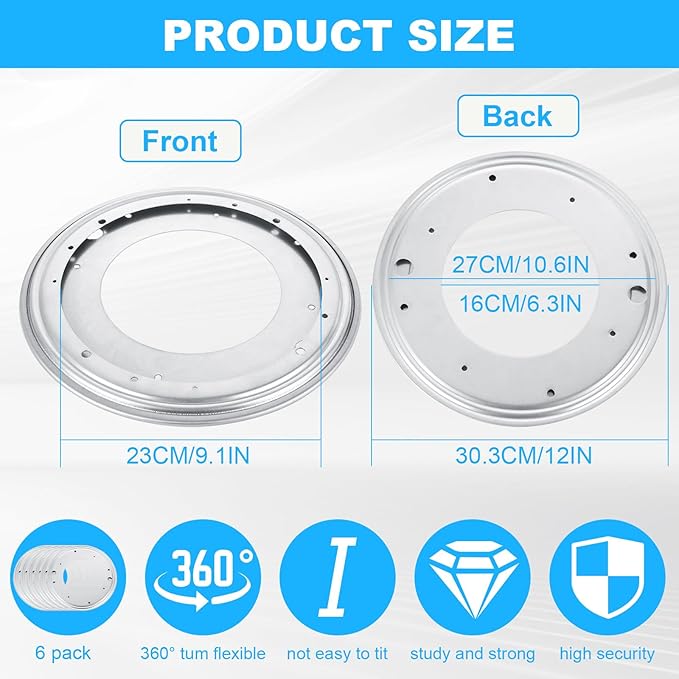 RHBLME 6 Pack 12 Inch Lazy Susan Hardware, 5/16" Thick Turntable Bearings, 1000Lbs Rotating Bearing Plate Heavy Duty Lazy Susan for Rotating Table, Corner Shelves, Book Case, Serving Tray
