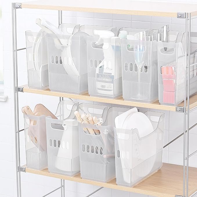 6 Pcs Plastic Freezer Organizer Bins with Wheel Tall Narrow Kitchen Organization Rolling Bins Storage for Cabinet, Bathroom, Under Sink, Office
