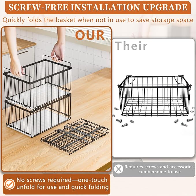 Large Freezer Organizer Bins, Upgrade Quick Expand/Collapse Feature, for 5-9 Cu.Ft Deep Freezer, 4 Pack Stackable Deep Freezer Organizer Bins, Black Wire Foldable Baskets (Black 4 Pack)