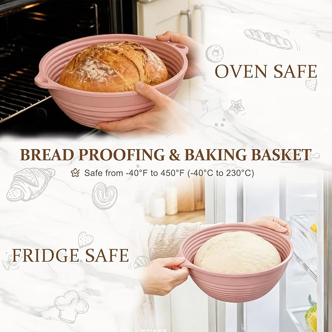 4-Pack Reinforced Silicone Banneton Bread Proofing Baskets for Sourdough, 9" Round Non-Stick Proofing Bowls with Dual Handles, Built-In Rim Support, Oven, Freezer & Dishwasher Safe, Foldable, BPA Free