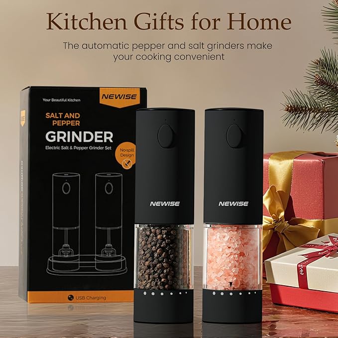 Newise Electric Salt & Pepper Grinder Set, Rechargeable with LED Light & External Coarseness Adjustment, Kitchen Gadgets for Mom Home Cooks & Families - Black