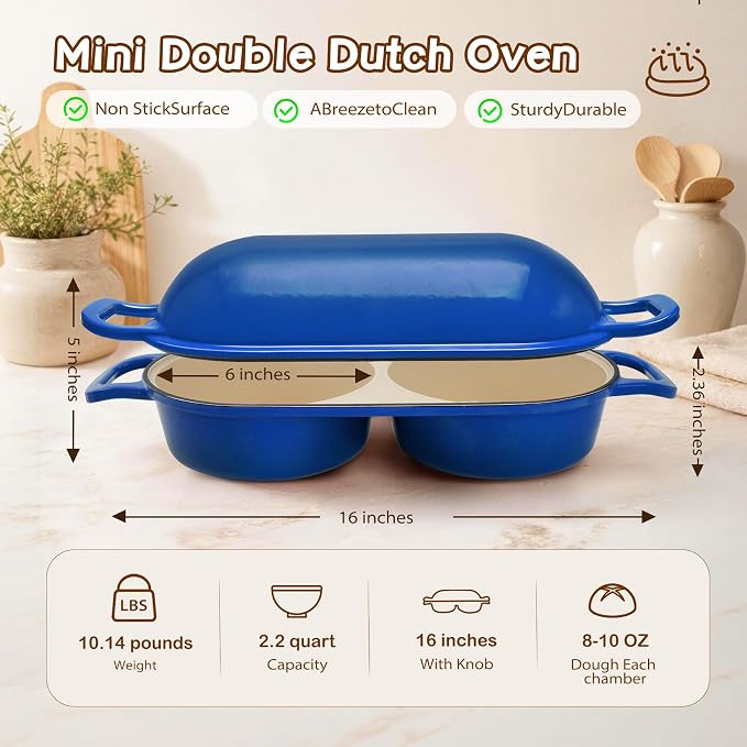 Mini Double Dutch Oven for Sourdough Bread Baking – Enameled Cast Iron Bread Pan with Lid, 500°F Oven Safe Non-Stick, Dual Round Loaf Space (6inch Diameter), Bake Two Different Loaves at Once, Includes 2×5" Banneton Proofing Baskets(blue)