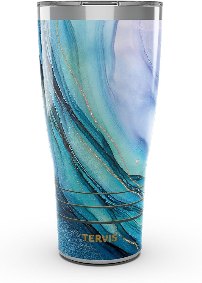 Tervis Traveler® Stainless Steel 30oz Traveler™ with Slider Lid | Inkreel - Teal Wave | Double-Wall Vacuum Insulated Travel Cup, Keeps Drinks Hot or Cold