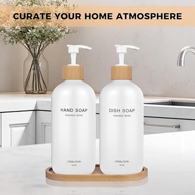 Dish and Hand Soap Dispenser Set with Tray, 16OZ Refillable Glass Bottles and Wood Pump, Double Bottle Countertop Organizer for Kitchen and Bathroom (White)