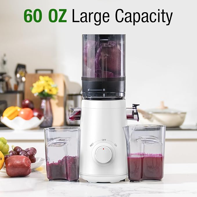 TUUMIIST Cold Press Juicer Machine, 5.8 Inch Extra Large Feed Chute for Whole Fruits, Easy to Clean Slow Juicer, High Yield, BPA Free - Classic White