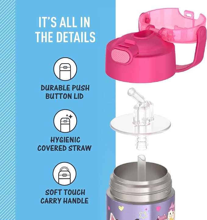 THERMOS FUNTAINER Water Bottle with Straw - 12 Ounce - Kids Stainless Steel Vacuum Insulated Water Bottle with Lid, Gabby’s Dollhouse