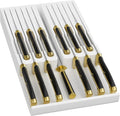 Domax Bamboo In-drawer Knife Block - Kitchen Knife Drawer Organizer Insert, Steak Knife Holder Without Knives, Drawer Knife Organizer Fits for 12 knives and 1 Sharpening Steel (Not Included), White
