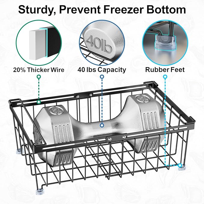 iSPECLE 2 Pack Freezer Organizer Bins - Fit 10 to 20 Cu.Ft Deep Freezer, Expandable Wire Storage Chest Freezer Baskets for Frozen Food, Stackable with Handles, Black