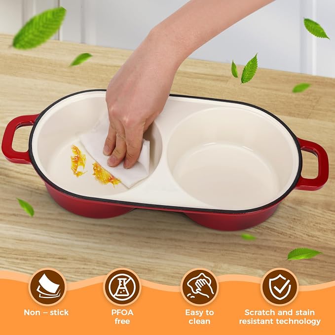 Double Dutch Oven for Sourdough Bread Baking, 2.2QT (Red) | Enamelled Cast Iron Bread Pan with Lid, Double Round Loaf Space, 16.5cm Diameter, Mini Double Dutch Oven for Homemade Baking