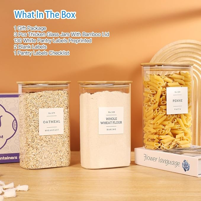 3 Pack Square Glass Pantry Storage Containers with 132 Kitchen Food Pantry Labels - 51 floz Clear Glass Pantry Jars with Airtight Wood Bamboo Lids - Glass Canisters for Candy, Cereal, Coffee, Spice