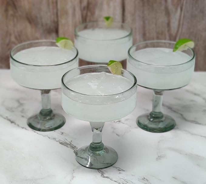 Dos Sueños Mexican Hand Blown Glass – Set of 4 Natural Clear Hand Blown Margarita Glasses (16 oz)