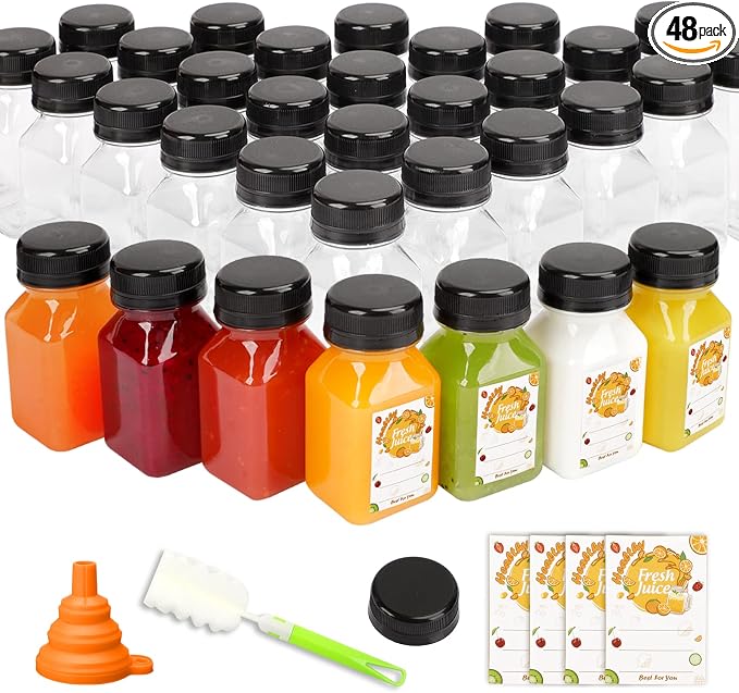 TOMNK 45pcs Juice Bottles with Caps, 4oz Plastic Containers with Lids Empty Reusable Clear Ginger Shots Bottles with Label, Funnel, and Brush Beverage for Juicing, Smoothies, Drinking, Fridge