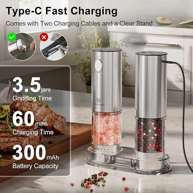 Electric Salt and Pepper Grinder Set, Rechargeable 2-Speed Automatic Mills | USB-C rechargeable, 2 speeds, one-hand automatic, 6 coarseness levels, top-fill 3.2oz, storage base, stainless steel, LED
