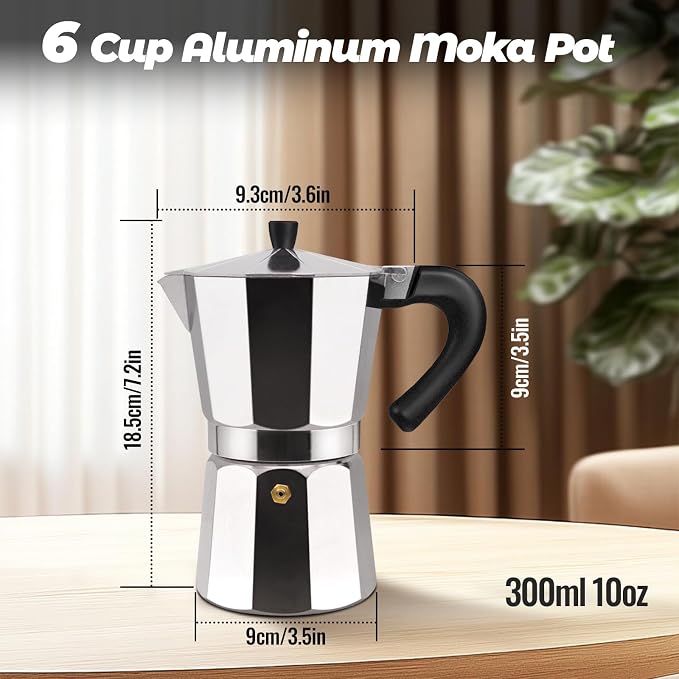 6 Cup Aluminum Moka Pot Classic Stovetop Espresso Coffee Maker 300ml 10oz Coffee maker Percolator Mocha Pot Greca Coffee Maker Cafe Makers for Italian and Cuban Café Brewing Silver