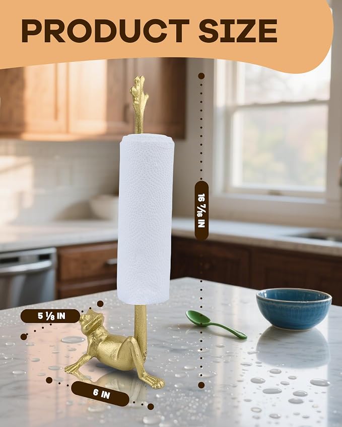 16.5" Golden Frog Paper Towel Holder for Bathroom & Kitchen - Whimsical Cast Iron Free Standing Paper Roll Holder, Decorative Toilet Paper Stand with Weighted Base