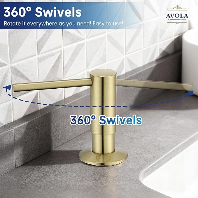 Avola Brushed Gold Sink Soap Dispenser, Solid Brass Pump Head Liquid Lotion Countertop Kitchen Bathroom Soap Dispenser with 17 OZ PET Large Bottle