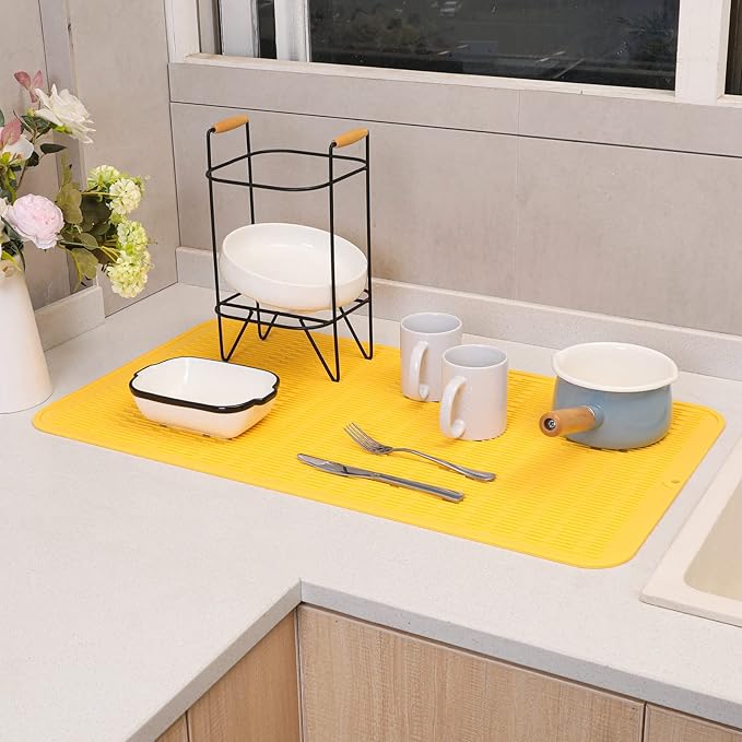 MicoYang Silicone Dish Drying Mat for Multiple Usage,Easy clean,Eco-friendly,Heat-resistant Silicone Mat for Kitchen Counter or Sink,Refrigerator or Drawer Liner Yellow 4XL 32 inches x 18 inches