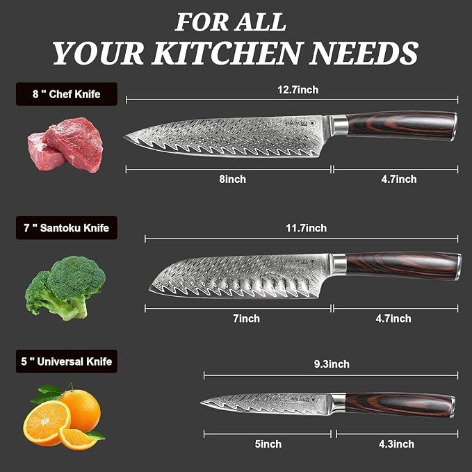 VG10 HPS 3 Piece Japanese Chef Knife Set, Damascus Kitchen Knives with VG10 Steel Core, Essential Chef Knives Set with Pakka Wood Handle for Daily Cooking