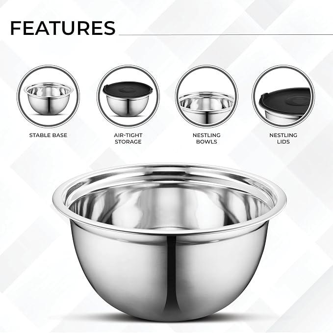 AVADOR Premium Brushed Stainless Steel Mixing Bowls Sets, Easy To Clean, Space Saving, Great for Cooking, Baking, Prepping Needs 0.25qt, 1qt, 1.5qt, 3qt, 5qt (8 pc with Lid and Grater)
