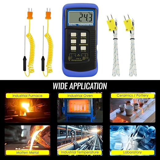 DANOPLUS Digital K Type Thermometer with 4 Thermocouples, Dual Channels Thermocouple Tester with MAX/MIN/AVG Temperature Measurement (-501300C)