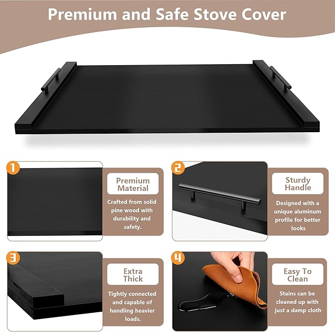 Noodle Board Stove Cover with Handles, Wood Stove Top Covers for Electric/Gas Stoves, Counter Space Top Cover Crafted from Solid Pine Wood,Also Used As Sink Covers & Decorative Tray (Black)