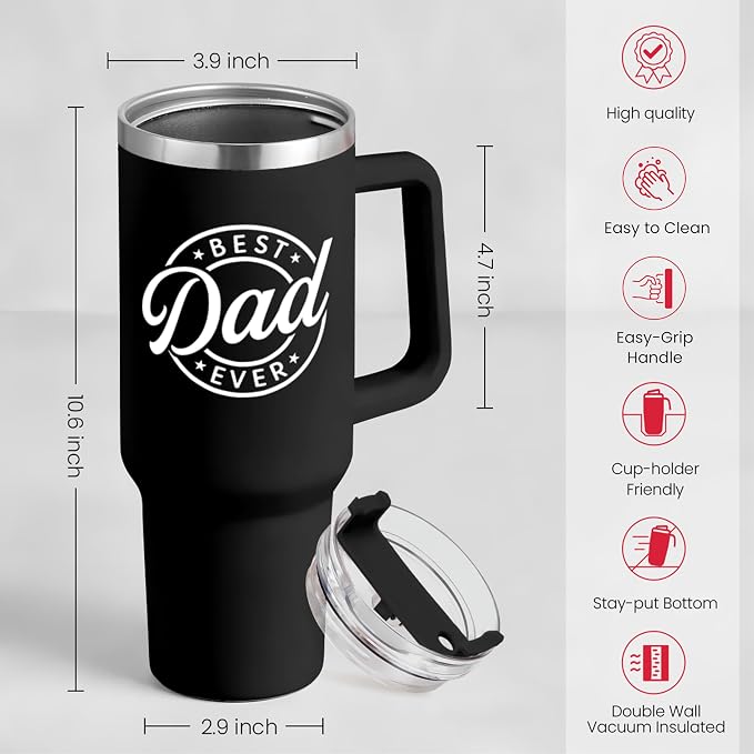 SANDJEST Best Dad Ever Tumbler with Handle - 40oz Stainless Steel Insulated Coffee Cup - Gift Set with Lid & Straw for Father’s Day, Birthday, Christmas