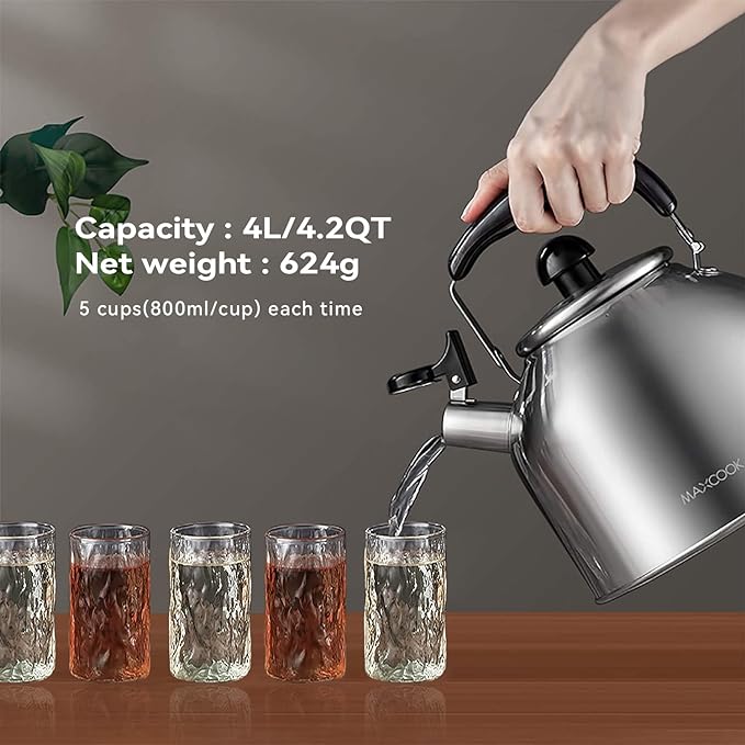 4.2 Quart/4L Stainless Steel Whistling Tea Kettle,Brushed Satin, Suitable to Boiling Water & Tea on Induction Stove, Gas Stove Top Teapot