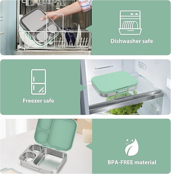 Pawtong Stainless Steel Bento Lunch Box for Kids | 3-Compartment Lunch Box Container Kids | 100% Leakproof, Eco-Friendly, Perfect Portion Control for Kids&Adult Healthy Meals (Green)