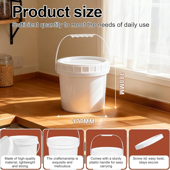 6 Pack 1 Gallon Plastic Buckets with Screw Lids & Handle, Food Grade Storage Containers for Kitchen, Freezer - Reusable White Plastic Bucket Set (White, 6pack 1Gal)