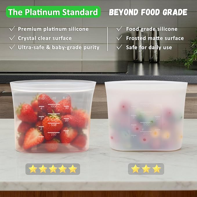 Premium Silicone Reusable Storage Bags, Large-Size Set, 8 Pack, 100% Platinum Silicone Food Storage Bag Stand-Up Wide-Mouth Zip-Lock, Microwave Dishwasher Freezer Safe, 4 XL + 4 L, Crystal-Clear