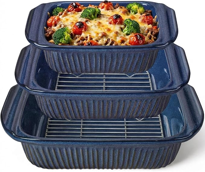 Artena Casserole Dishes For Oven, Ceramic Baking Dish, Large Lasagna Pan With Handles, Baking Pan Casserole Dish, Rectangular Bakeware Deep, Set Of 3 (5.1Qt/2.3Qt/1.1Qt) (Blue, With Racks)