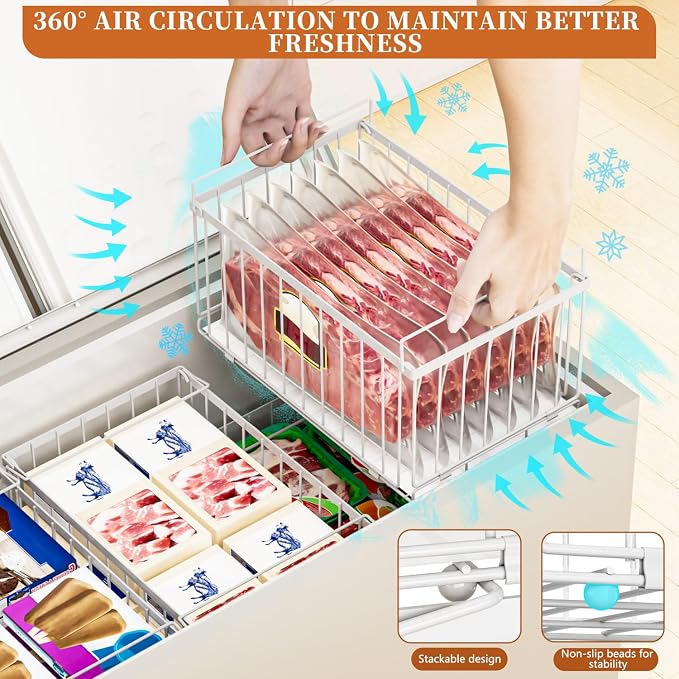 Large Freezer Organizer Bins, Upgrade Quick Expand/Collapse Feature, for 5-9 Cu.Ft Deep Freezer, 4 Pack Stackable Deep Freezer Organizer Bins, Black Wire Foldable Baskets White 6 Pack