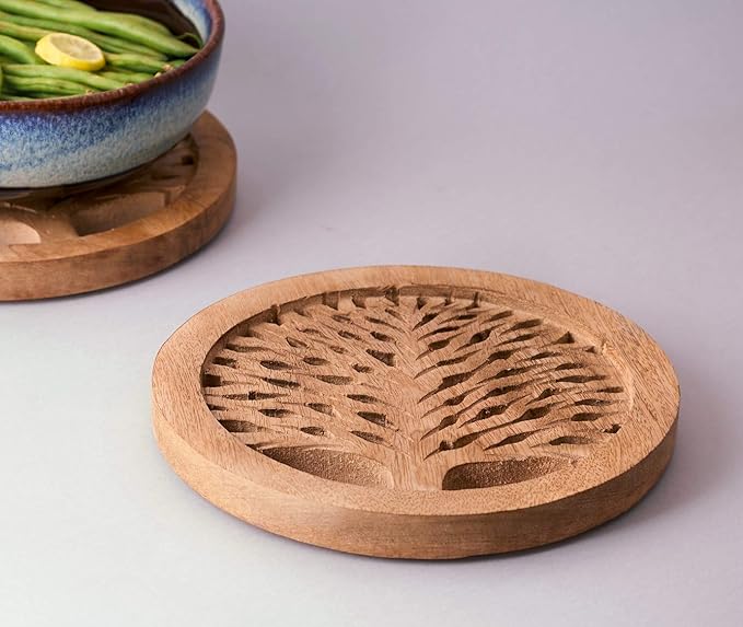 Cooking Gifts Set of 2 Wooden Trivets for Hot Dishes Pots and Pans Tea Pot Holders Nonslip Heat Resistant Kitchen Counter Accessories for Table Countertops (TRNAT) 8" Diameter Tree of Life Design