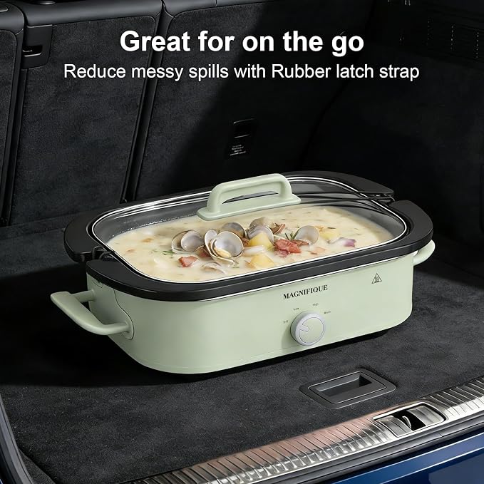 MAGNIFIQUE 4 Quart Slow Cooker with Ceramic Nonstick Baking Dish, Adjustable Temperature, Oven Safe for Lasagna & Roasts, Dishwasher Safe Stoneware & Tempered Glass Lid, Compact Crock Pot, Sage