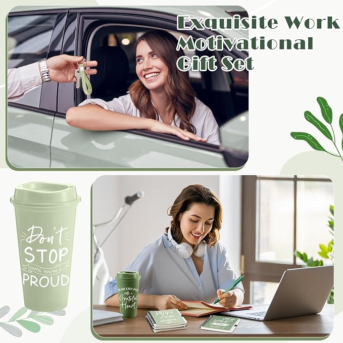 Skylety 12 Sets/48 Pcs Employee Appreciation Gift Baskets Bulk 16oz Inspirational Coffee Cup with Spiral Notebook, Pen & Keychain, Thank You Gifts for Staff, Teacher,Coworker, Team (Gradient Green)