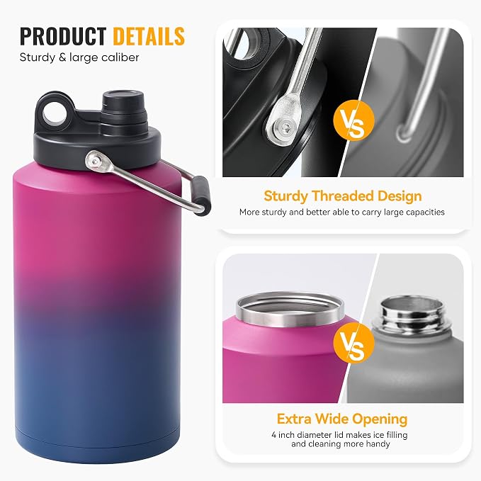 Kerilyn Insulated Gallon Jug with Handle, One Gallon, 128oz Stainless Steel, Large Double Vacuum Water Bottle for Hot & Cold Drinks, Wide Mouth, Sweat Proof, Great for Travel, Camping, Red Gradient