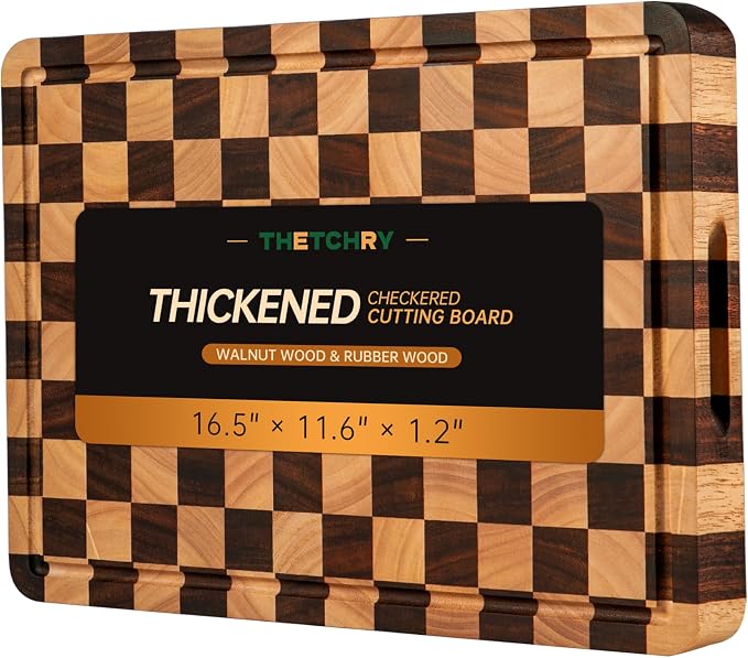 THETCHRY Cutting Boards for Kitchen, Checkered Cutting Board Thickened, Walnut & Rubber Wood Chopping Board with Juice Groove & Handle, Double-sided Butcher Block with Gift Box, 16.5" x 11.6" x 1.2"