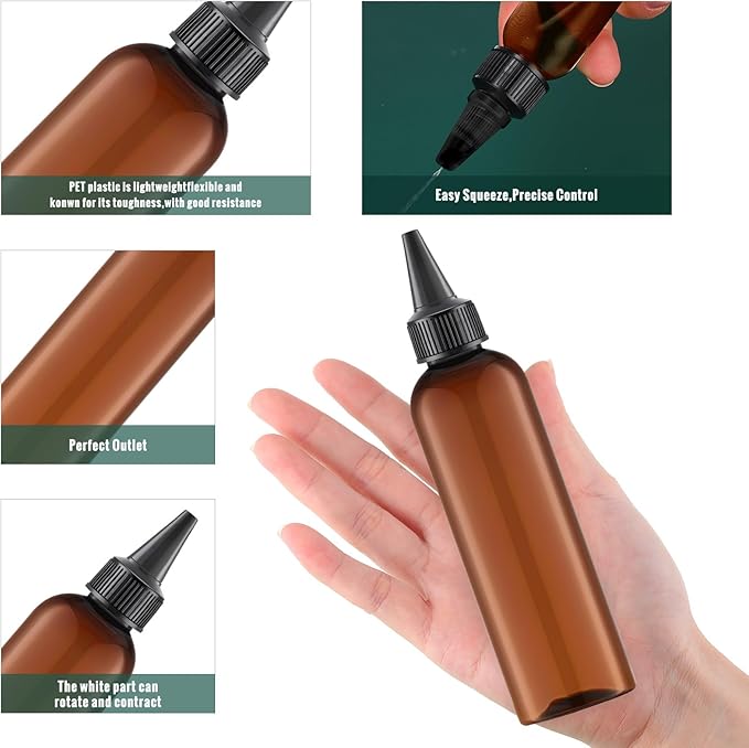 Irenare 80 Pcs 4 oz Plastic Squeeze Bottles Bulk Hair Oil Applicator Bottles Boston Empty Squeeze Condiment Bottle with Twist Top Cap Leak Proof for Liquids Oils Art Crafts Household Kitchen (Brown)
