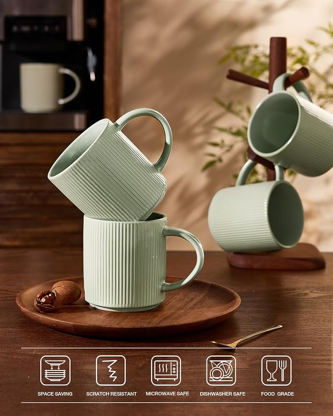 famiware Coffee Mug Set for 6, Star 16 oz Catering Mugs Cup Set with Handle for Coffee, Tea, Cocoa, Milk - Ceramic Stoneware Drinkware Set, Matte Green