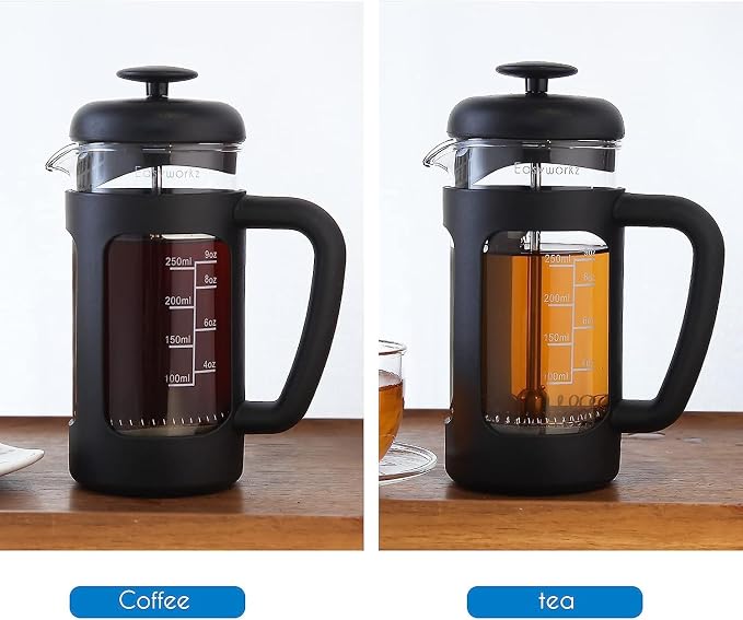 Easyworkz French Press 12 oz, Bundled Stainless Steel Double-Wall Espresso Cups 5 oz Set of 2, Vertical Stripe Design, Gunmetal