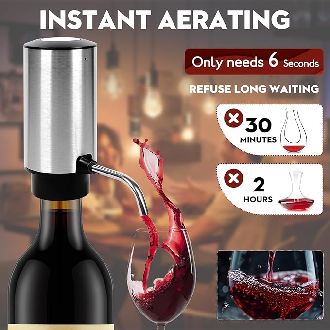 Electric Wine Aerator Pourer Automatic Wine Dispenser Pump with Retractable Tube for One-Touch Instant Oxidation Smart Wine Aerator Decanter for Travel/Home