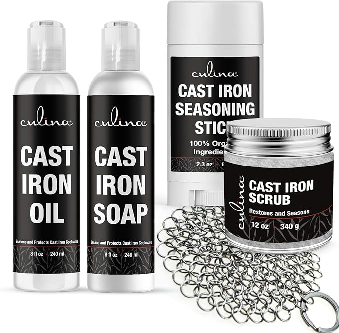 Culina Cast Iron Seasoning Stick & Soap & Oil Conditioner & Restoring Scrub & Stainless Scrubber | All Natural Ingredients | Best for Cleaning, Non-stick Cooking & Restoring | Cast Iron Cookware
