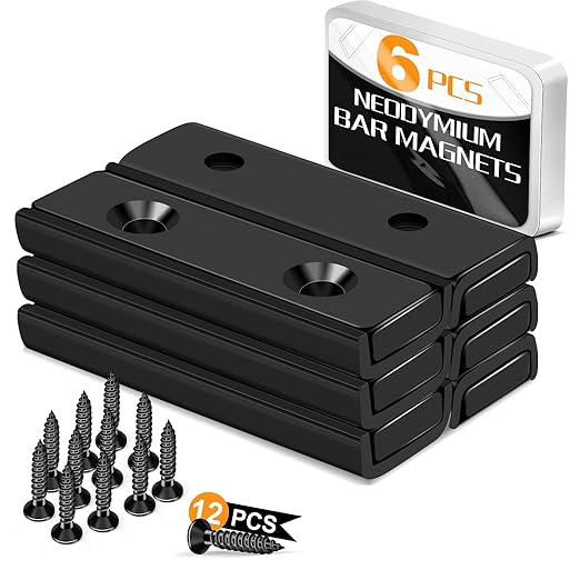 TRYMAG Strong Neodymium Magnet, 45Lbs Strong Bar Magnets with Countersunk Hole and Steel Capsule, 6 PCS Heavy Duty Bar Magnets Rare Earth Magnet with Screw for Wall Mounting-40 x 13.5 x 5mm