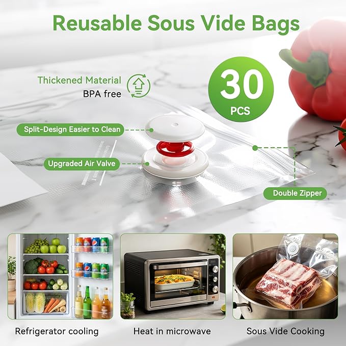 Handheld Vacuum Sealer (Food Storage):Compact Vacuum Sealer Food, 80kPa Suction, 1800 mAh Battery, 30 Reusable Sous Vide Bags, Preserve 6X Freshness For Kitchen, BBQ, Travel.