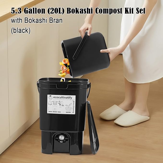20L Bokashi Compost Bin, 5.28 Gallon Compost Bin for Kitchen Composter with Lid, Bokashi Start Kit with Bran (Tan & Dark Green) (20L/5.28GAL Black)