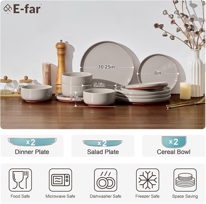E-far 6-Piece Ceramic Dinnerware Sets, Plates and Bowls Sets for 2, Stoneware Dishware Dishes Set with Terracotta Base, Chip & Scratch Resistant, Microwave & Dishwasher Safe, Speckled Khaki