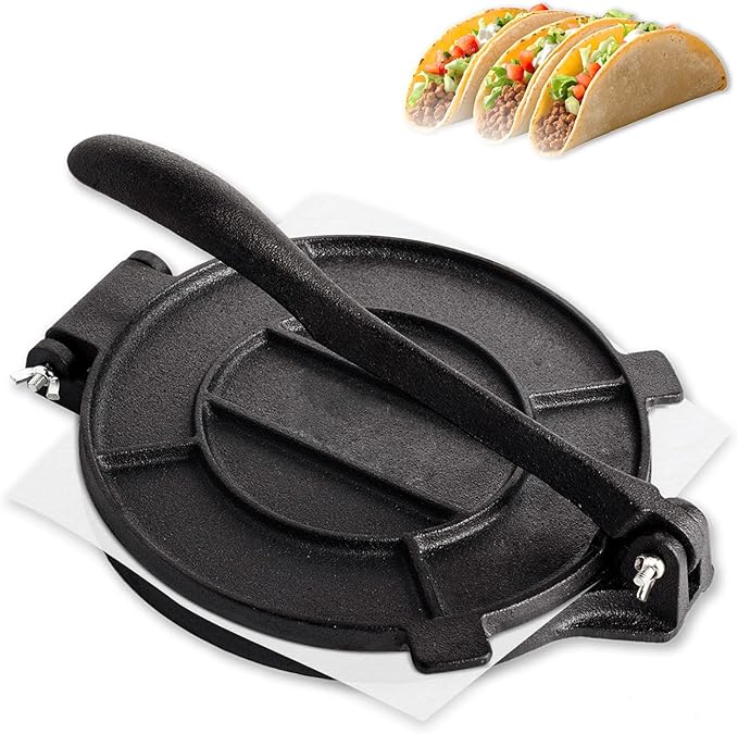 Cast Iron Tortilla Press 10 inch, Heavy Duty Tortilla Pataconera, Flour Tortilla Press with Foldable Handle, Taco press with Some Parchment Paper, Roti Maker, Black